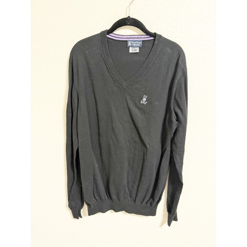 Psycho Bunny Mens Essential V Neck Sweater Long Sleeve Pima Cotton Black‎ Medium